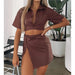 Color-Brown-Spring Summer Two Piece Set Sexy Collared High Waist Short Sleeve Shirt Outfit-Fancey Boutique