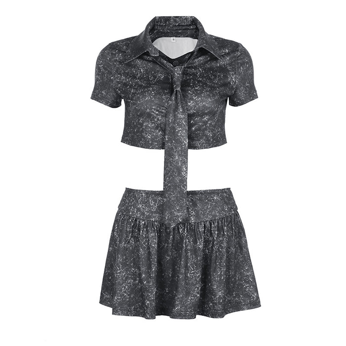 Women Washed Distressed Shirt Tie Top Cropped Sexy A Line Skirt Outfit Two Piece Set-Dark Grey-Fancey Boutique