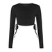 Color-Multi-2-Solid Color Drawstring round Neck Long Sleeve Cropped T-shirt Street Tide Brand Thread Top-Fancey Boutique