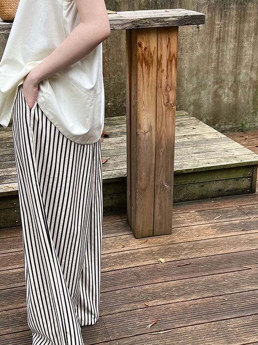 Drooping Loose Feeling Striped Wide Leg Pants Women Elastic Waist Casual Pants Minimalist All Match Lazy Pants-Stripe-Fancey Boutique