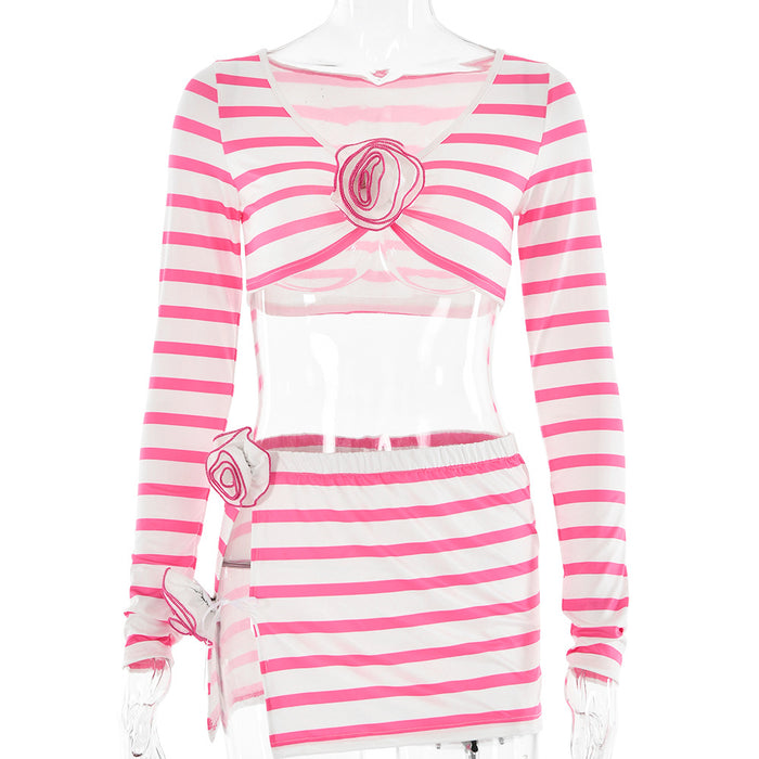 Color-Pink-Summer Arrival Sexy Sexy V neck Long Sleeve Short Top Patchwork Stripes Skirt Outfit-Fancey Boutique