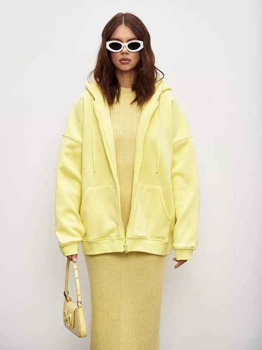 Cardigan Sweater Autumn Winter Solid Color Loose Hooded Zipper Coat for Women-Yellow-Fancey Boutique