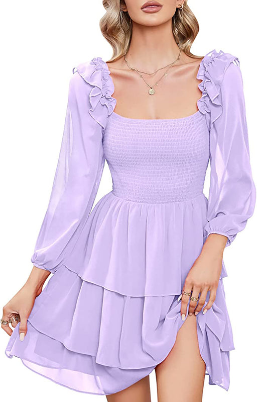 Color-Lavender-Women Clothing Dress Square Collar Slimming Slimming Tiered Dress-Fancey Boutique