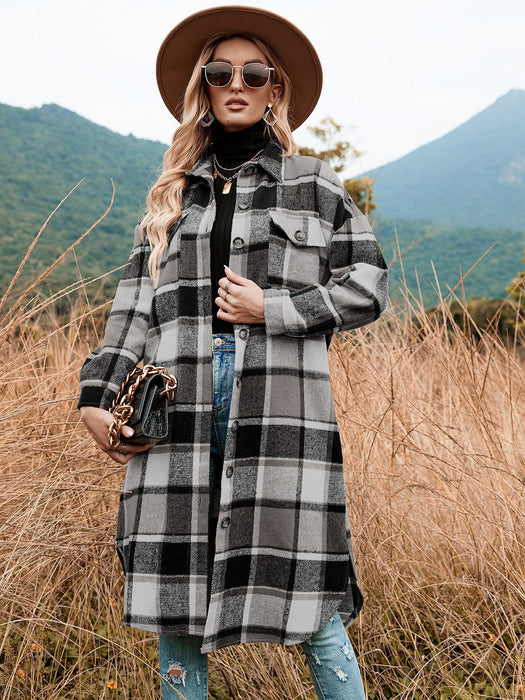 Color-Gray-Autumn Winter Women Plaid Trench Coat-Fancey Boutique