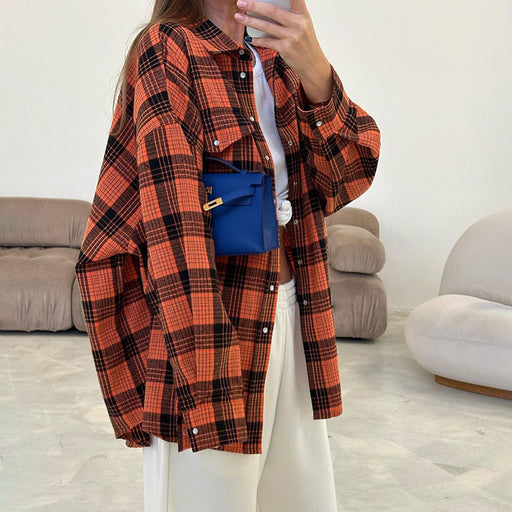 Retro Plaid Shirt Women Casual Plaid Top All Matching Collared Loose Mid Length Shirt-Fancey Boutique