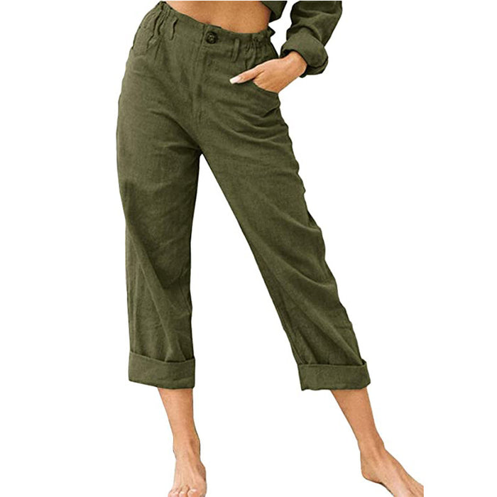 Color-Army Green-Women Clothing Summer Solid Color Cotton Linen Loose High Waist Casual Trousers-Fancey Boutique