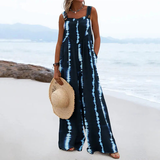 Color-Blue-Summer Printed Sleeveless Loose Casual Sling Wide Leg for Women Jumpsuit-Fancey Boutique