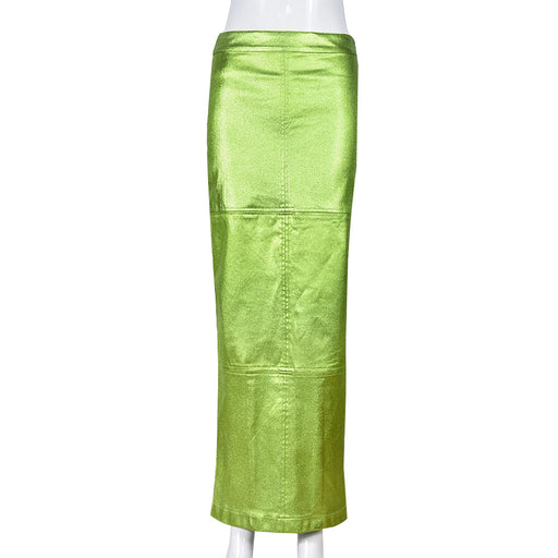 Color-Green-Metallic Coated Fabric Slim Fit Sheath Patchwork Slit Bright Leather Women Skirt-Fancey Boutique