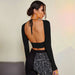 Women Clothing Simple Sexy T Shirt Autumn Winter Backless Short Cropped Top-Fancey Boutique