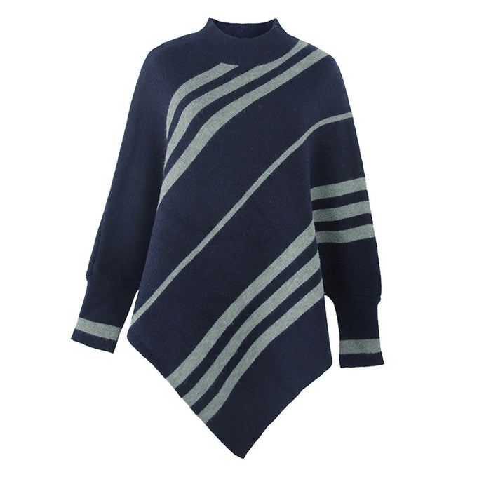 Color-Navy Blue-Autumn Winter Cape Shawl Women Sweater round Neck Striped Sweater-Fancey Boutique