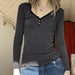 Intellectual Woman V neck Lace Stitching Breasted Split Chest Base Basic All-Matching Slim Long Sleeve Top-Fancey Boutique