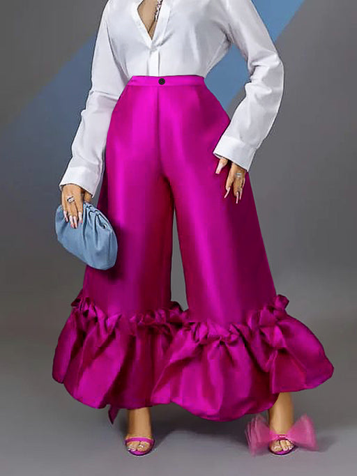 Color-Coral Red-High Waist Loose Design Ruffles Wide Leg Bell Bottoms High Waist Flare Pants-Fancey Boutique