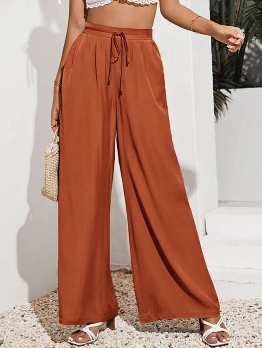 Color-Red-Women Summer High Waist Casual Trousers Solid Color Elastic Waist Lace up Loose Wide Leg Pants Women-Fancey Boutique