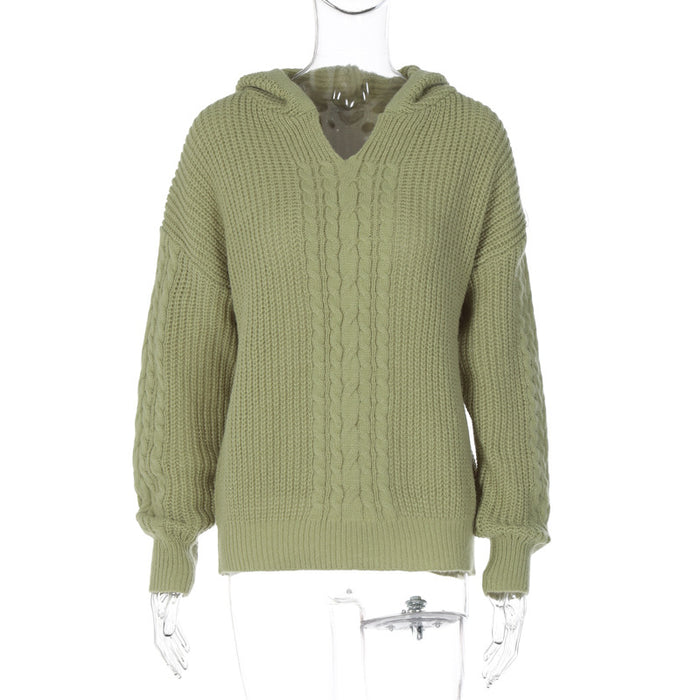 Color-Green-Women Clothing Autumn Street Shooting Hooded Long Sleeve Knitted Sweater-Fancey Boutique