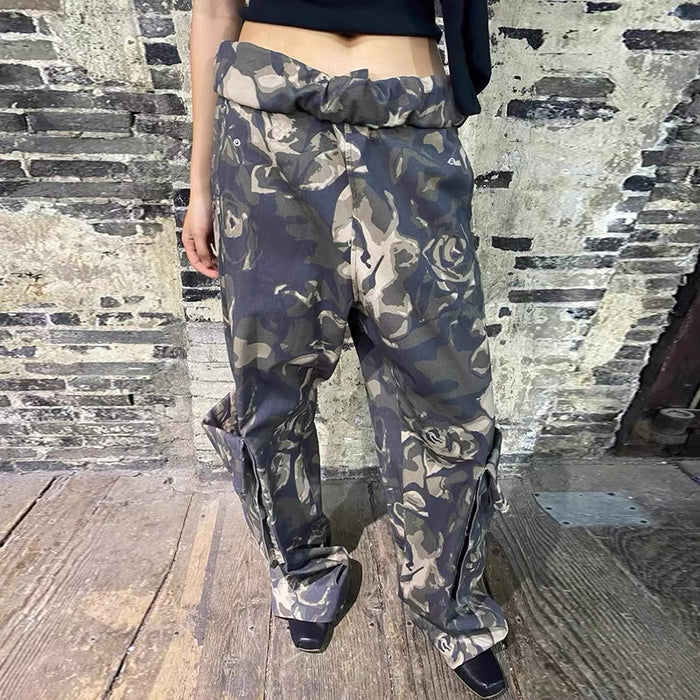 Camouflage Pocket Patchwork Cargo Pants Women Sexy Retro Distressed Light Woven Casual Straight Pants