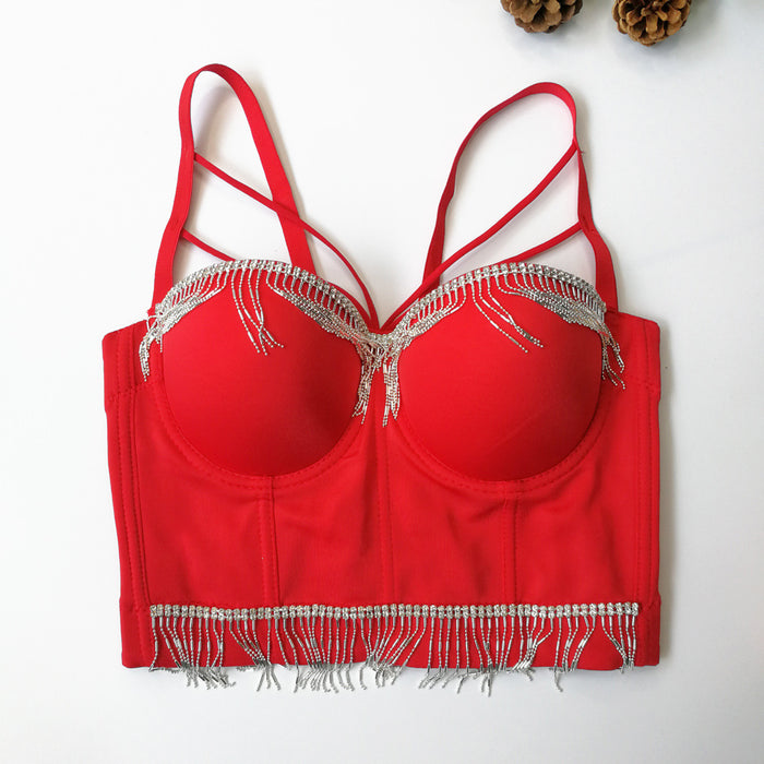 Ethnic Dance Tassel Suspender Breast Shaping Fancy Cross Vest Cropped Exposed Short Sexy Top Fairy Bra-Red-Fancey Boutique