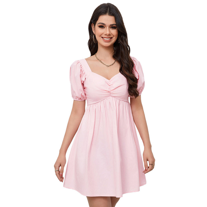 Color-Pink-Women Sexy V neck Design Chest Pleated Slim Fit Waist Dress-Fancey Boutique