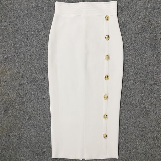 Color-White-Autumn Winter Tight Waist Slimming Skirt Seam Buckle Midi Slim Fit Bandage Wild Hip Skirt-Fancey Boutique