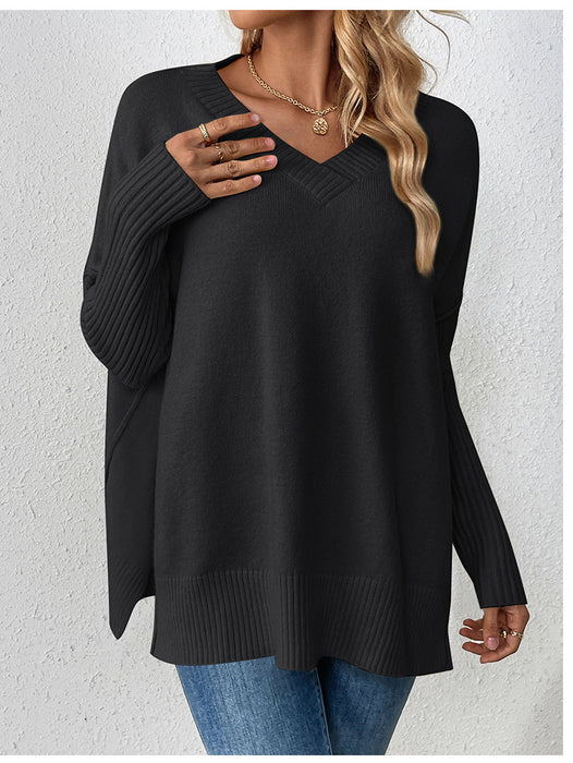 Color-Black-Autumn Winter Pullover Sweater Idle V neck Casual Stitching Long Sleeved Sweater for Women-Fancey Boutique