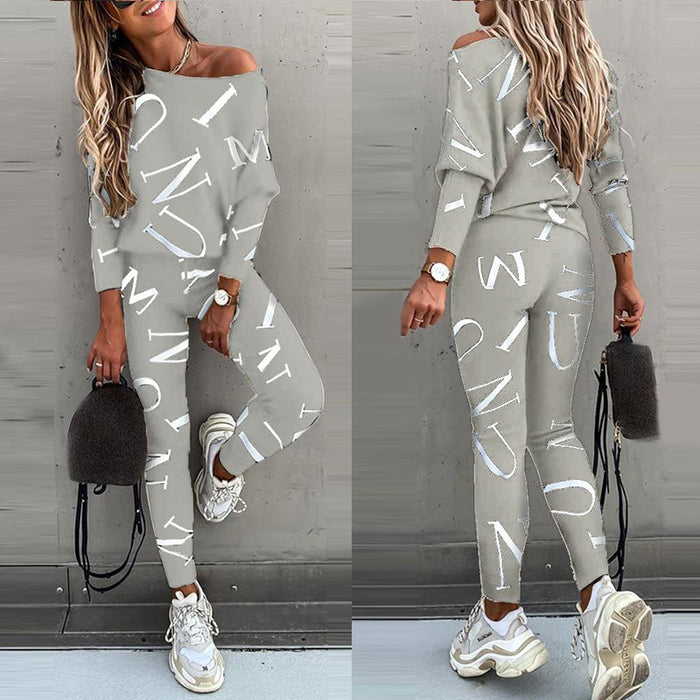 Color-Gray-Autumn Women Clothing Letter Graphic Printed Long Sleeved Trousers Casual Set-Fancey Boutique