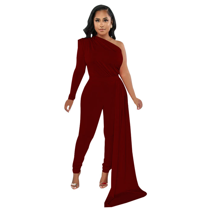 Color-Burgundy-Women Autumn Pleated Shoulder Solid Color Tight Jumpsuit Women-Fancey Boutique