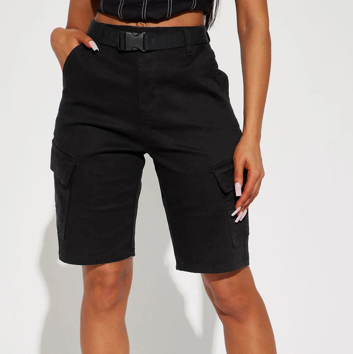 Color-Black-Workwear Shorts Mid Pants Spring Summer Fifth Pants High Street Belt Solid Color Women Pants-Fancey Boutique