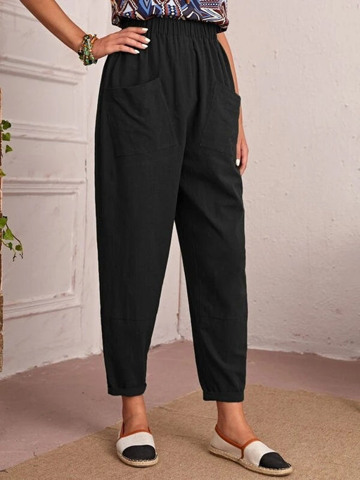 Color-Black-Four Seasons Cotton Linen Cropped Pants Elastic Waist Casual Pants Diagonal Pocket Skinny Pants Women-Fancey Boutique