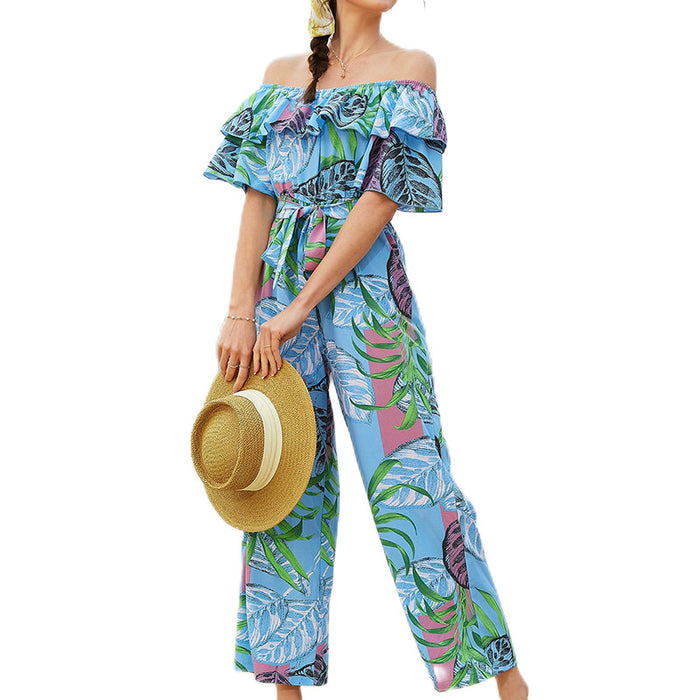 Color-Blue-Women Clothing Fashion off-Shoulder Floral Jumpsuit Summer Short Sleeve Chiffon Vacation Beach Jumpsuit-Fancey Boutique