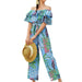 Color-Blue-Women Clothing Fashion off-Shoulder Floral Jumpsuit Summer Short Sleeve Chiffon Vacation Beach Jumpsuit-Fancey Boutique