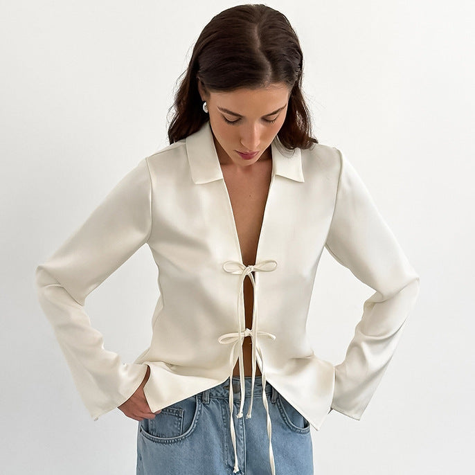 French Imitation Acetate Satin Straps Split Collared Shirt Autumn Cardigan Women-Apricot-Fancey Boutique