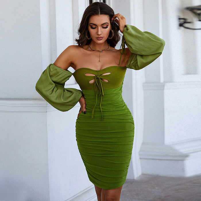Color-Green-Spring Women Clothing Bandage Dress Green Sexy Hollow Out Cutout Word Collar Puff Sleeve Dress-Fancey Boutique