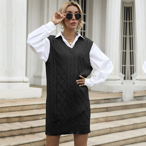 Color-Black-Early Autumn Long Solid Color V neck Vest Type Vest Knitted Sweater Dress Women-Fancey Boutique