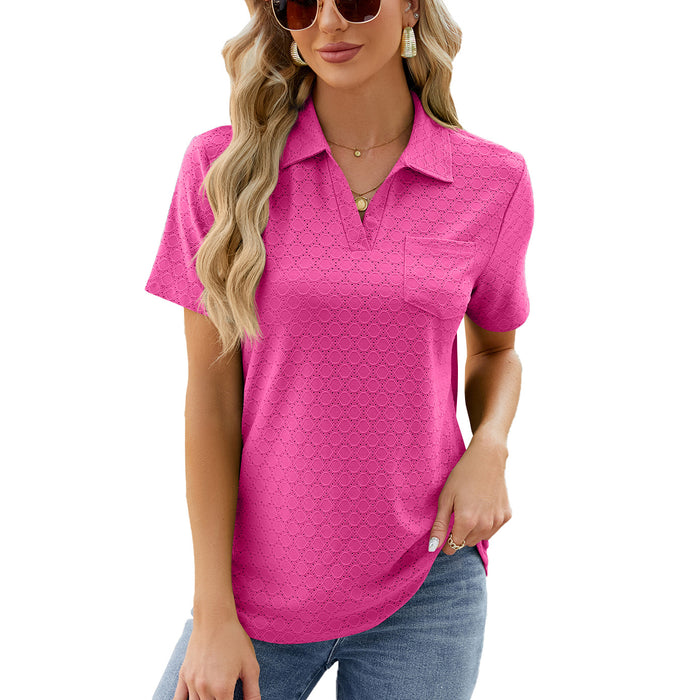 Color-Barbie Pink-Spring Summer Solid Color Polo Collar Pocket Short Sleeve T shirt Loose Top for Women-Fancey Boutique