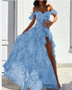 Summer Sexy off Shoulder Sleeveless Split Waist Controlled Dress-Blue-Fancey Boutique