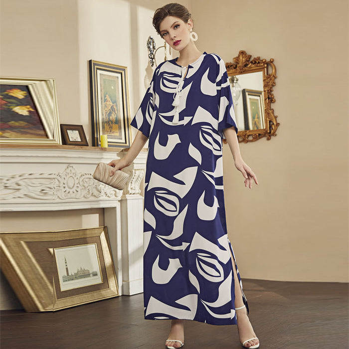 Color-Purplish blue-Fashionable Spring Summer Women Clothing Elegant Digital Printed Chiffon Short Sleeve Dress-Fancey Boutique