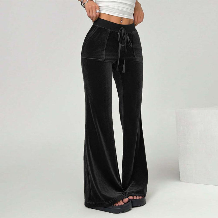 Women Clothing Simple Velvet Casual Pants Autumn Winter Drawstring Leg Slimming Wide Leg Trousers-Fancey Boutique