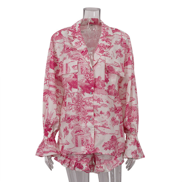 Summer Suit Chinese Printed Bell Sleeve Shirt Top Shorts Ruffled Two Piece Set-Red-Fancey Boutique