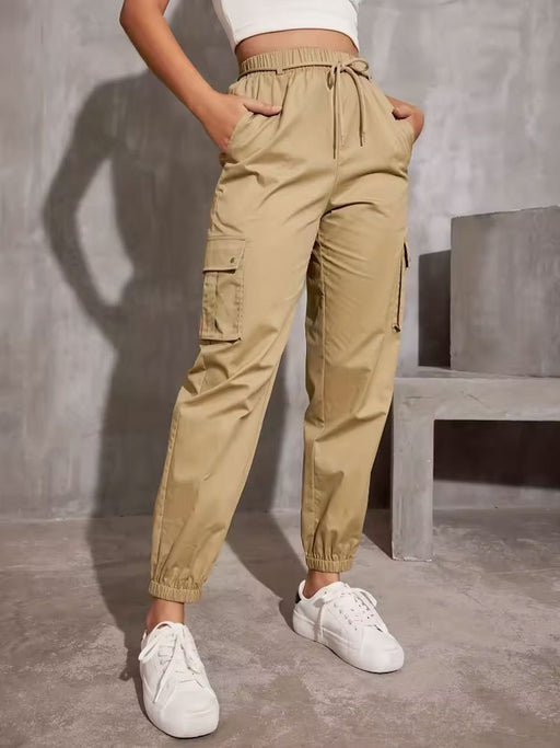 European Overalls Women Spring Autumn High Waist Wide Leg Ankle Tied Small Casual Slimming Gray Sports Pants Women-Khaki-Fancey Boutique