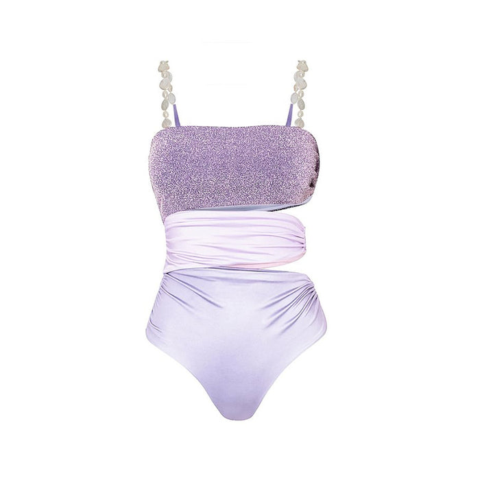 Pearl Shoulder Strap One Piece Swimsuit Women Vacation Beach Swimsuit-Purple One-Piece Swimsuit-Fancey Boutique