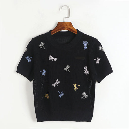 Summer Embroidery Dragonfly Hollow Out Cutout Knitted Short Sleeved Women Clothing Niche Loose Top-Black-Fancey Boutique