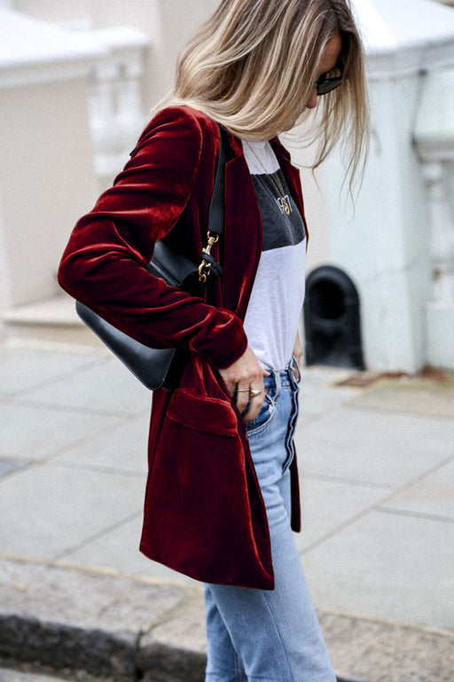 Color-Burgundy-Gold Velvet Blazer Solid Color Casual Blazer Mid-Length Coat for Women Outerwear-Fancey Boutique