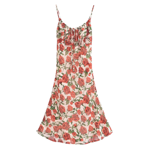 Color-Apricot-Women Rose Jacquard Printed Slim Waist Mini Strap Dress-Fancey Boutique
