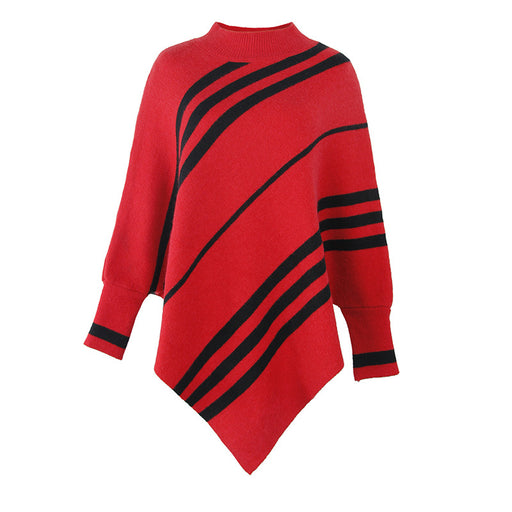 Color-Red-Autumn Winter Cape Shawl Women Sweater round Neck Striped Sweater-Fancey Boutique