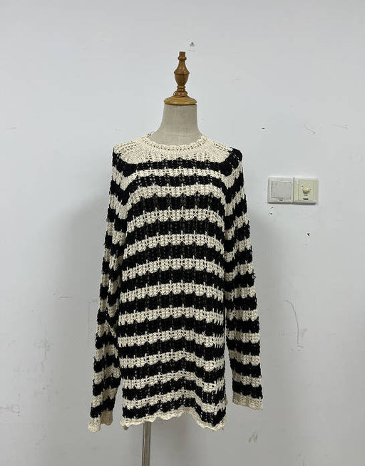 Color-Black and White as Shown in the Picture-Long Sleeve Hollow Out Cutout out Knitted Dress Autumn Winter Sexy Slimming round Neck Striped Contrast Color Dress-Fancey Boutique
