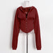 Color-Red-Optional Women Sweater Autumn Solid Color Waist Tied Single Breasted Short Stitching Hoodie-Fancey Boutique