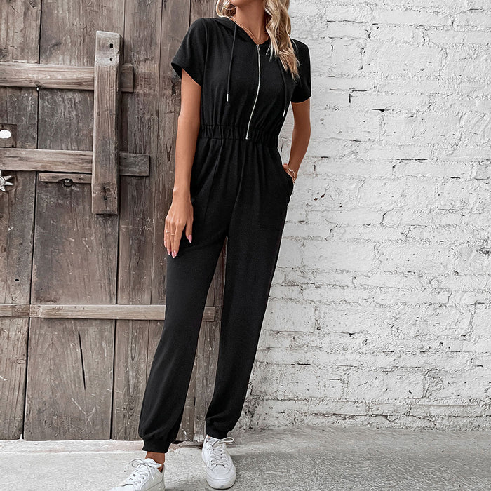 Color-Black-Summer Women Clothing Hooded Work Clothes Solid Color Jumpsuit-Fancey Boutique