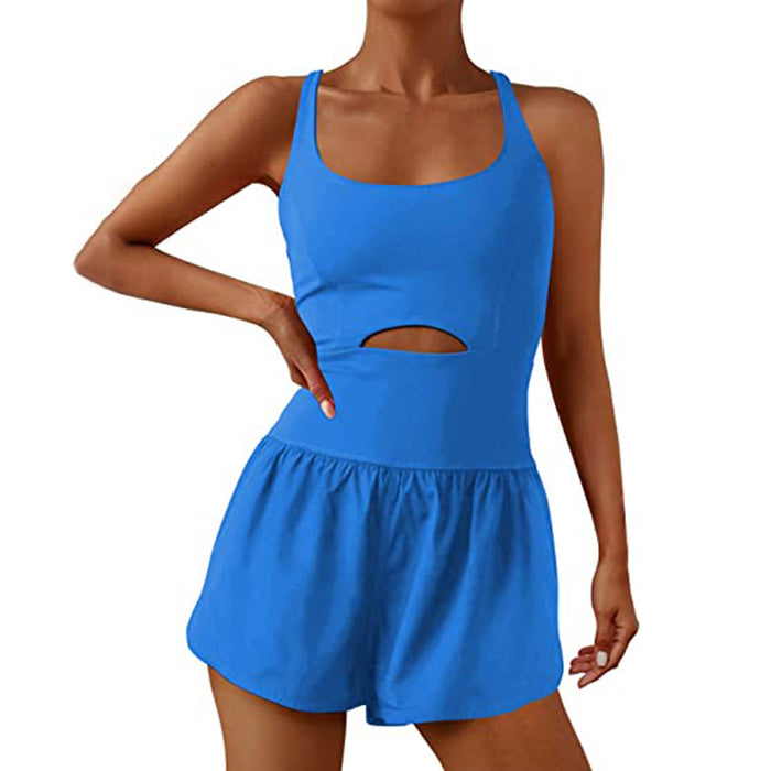 Color-Blue-Sports Women Shorts Hollow Out Cutout Cross Back Loose Comfortable Workout Clothes Vest Jumpsuit-Fancey Boutique