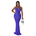 Color-Blue-Women Hip Oblique Shoulder Strap Sexy Perspective Rhinestone Evening Dress-Fancey Boutique