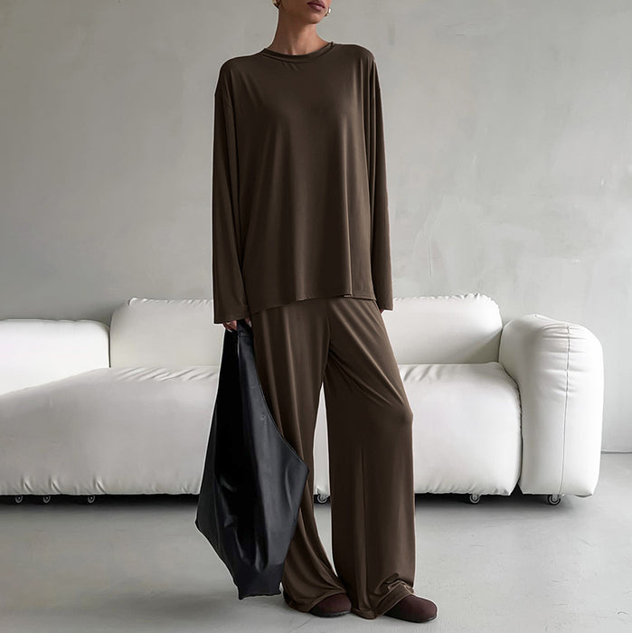 Autumn Knitted round Neck Loose Casual Soft Breathable Pajamas Suit Long Sleeve Trousers Women Homewear-Fancey Boutique