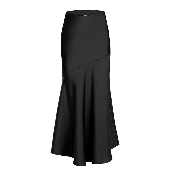 Women Acetate Satin Skirt High Waist Elastic Patchwork Maxi Dress Slim Slimming Sheath Dress-Black-Fancey Boutique